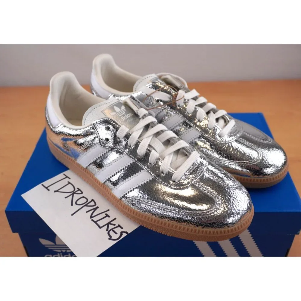Adidas Samba OG Silver Metallic Cracked Leather Women's Shoes - Picture 6 of 11